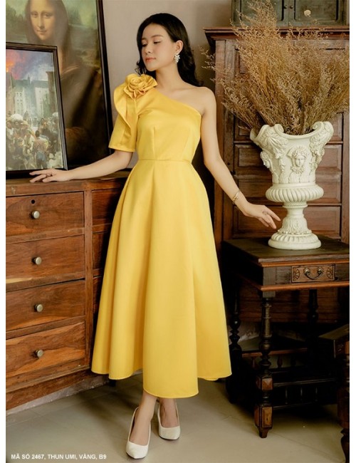 Đầm Xòe Dài Vai Xéo Đính Hoa Hồng - 2467