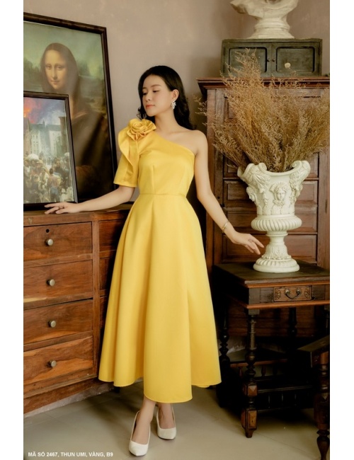 Đầm Xòe Dài Vai Xéo Đính Hoa Hồng - 2467