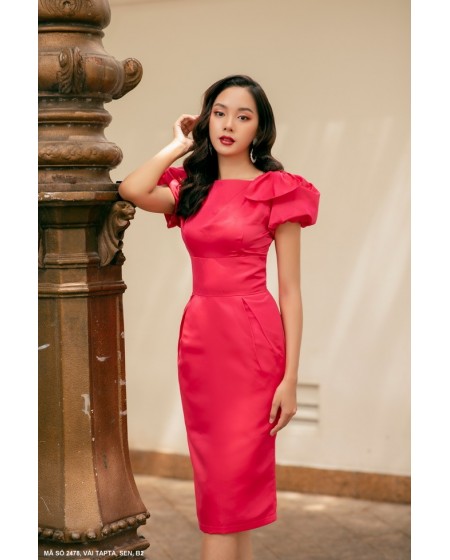 ĐẦM TAY NGẮN PHỒNG ĐÍNH NƠ TRÊN VAI - 2478