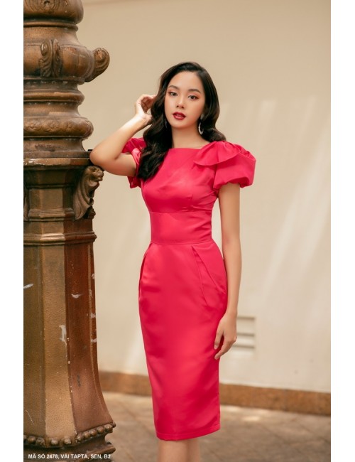 Đầm Tay Ngắn Phồng Đính Nơ Trên Vai - 2478