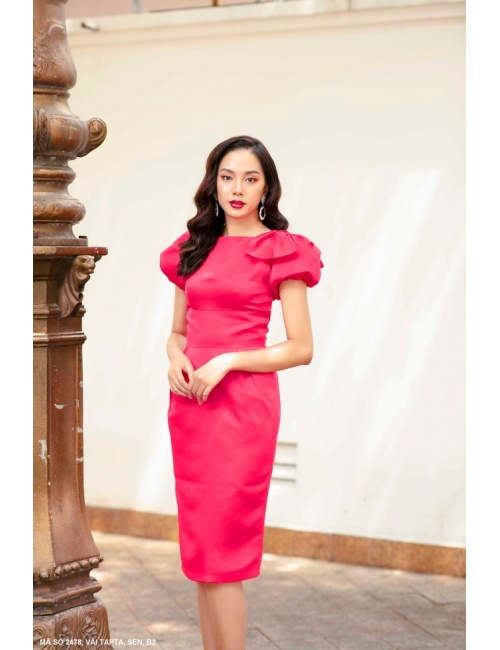 Đầm Tay Ngắn Phồng Đính Nơ Trên Vai - 2478
