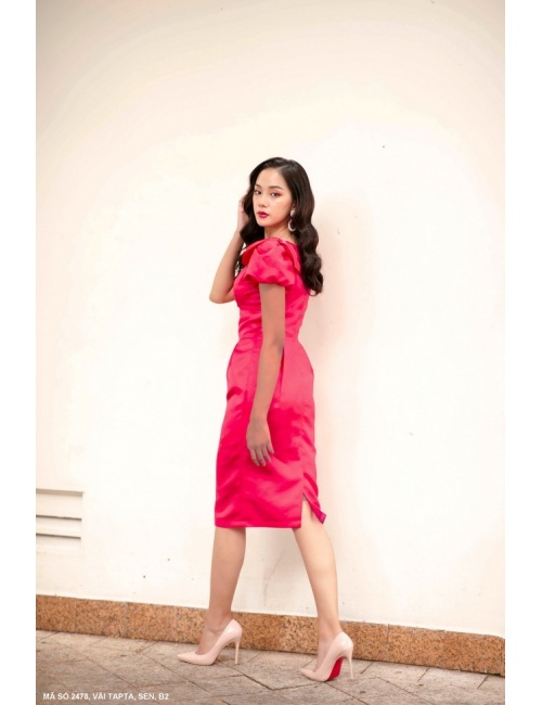 Đầm Tay Ngắn Phồng Đính Nơ Trên Vai - 2478