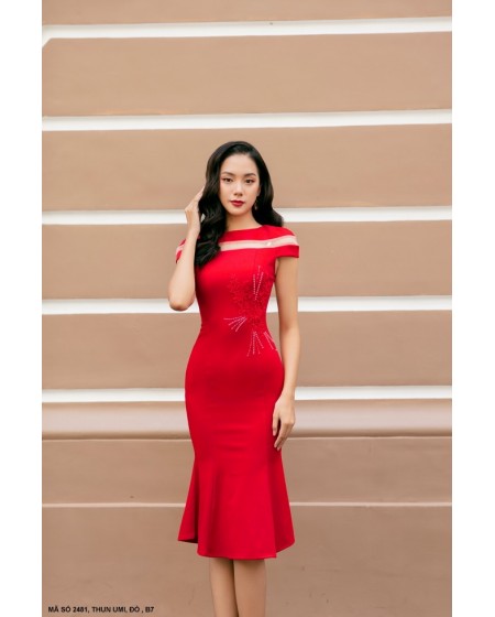 ĐẦM THÊU TAY NGẮN PHỐI LƯỚI- 2481