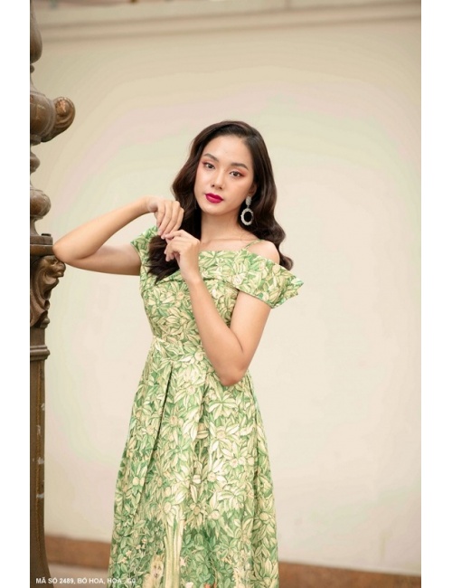 Đầm Xòe Hoa Rớt Vai - 2489