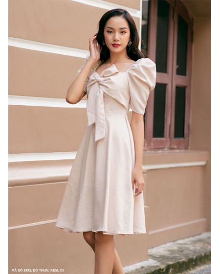 ĐẦM XÒE TAY NGẮN PHỒNG THẮT NƠ TRƯỚC NGỰC-2492