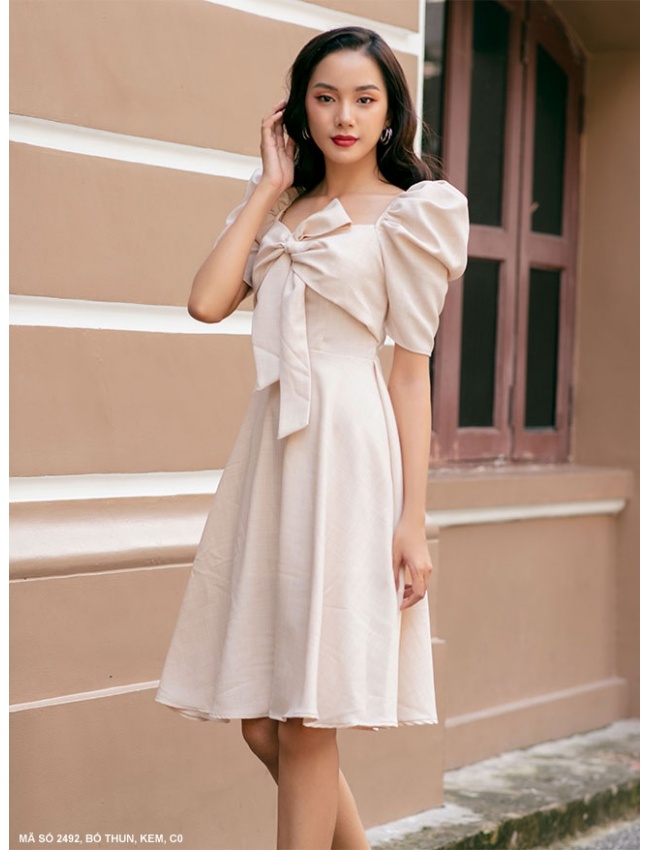 Đầm Xòe Tay Ngắn Phồng Thắt Nơ Trước Ngực - 2492