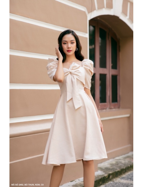 Đầm Xòe Tay Ngắn Phồng Thắt Nơ Trước Ngực - 2492