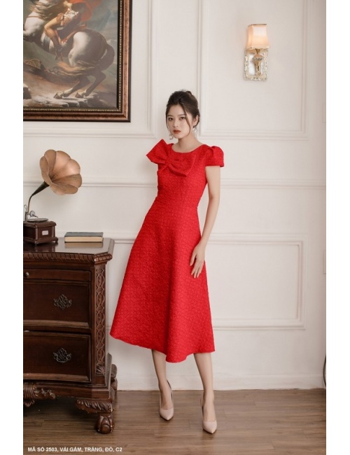 Đầm Gấm Cổ Thuyền Đính Nơ Cổ Sang Trọng - 2503
