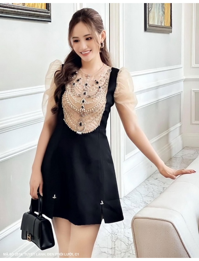 Đầm Tay Phùng Phối Lưới Kết Ngọc Trai - 2516