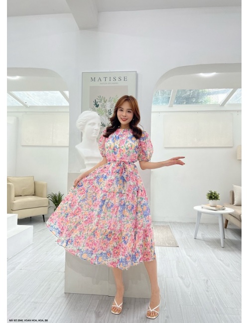 Đầm Voan Hoa Tay Ngắn - 2540