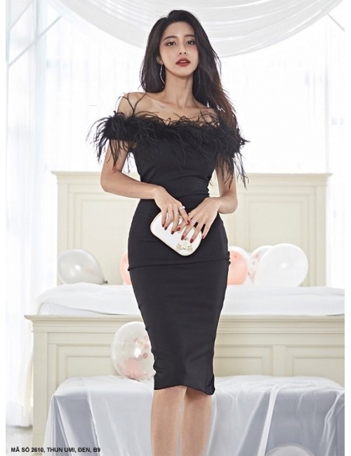 Đầm Ôm Dạ Hội Trễ Vai Lông Ngỗng Sang Trọng