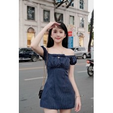 Đầm sọc trễ vai xinh xắn - 9040