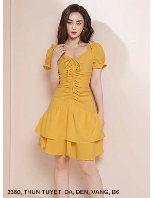 Đầm Tay Ngắn Thắt Nơ Cổ Dún 2 Tầng - 2360
