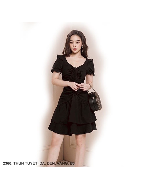 Đầm Tay Ngắn Thắt Nơ Cổ Dún 2 Tầng - 2360