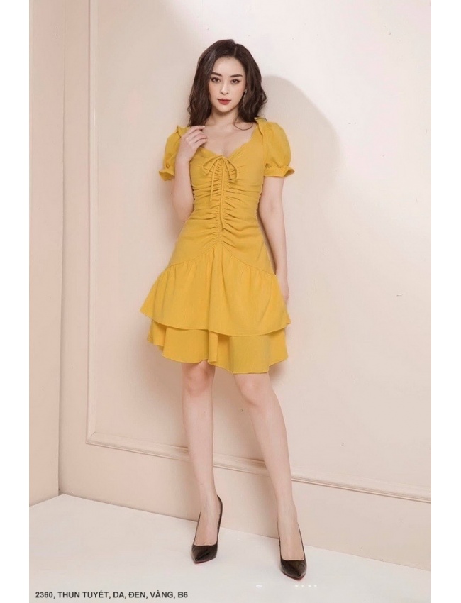 Đầm Tay Ngắn Thắt Nơ Cổ Dún 2 Tầng - 2360