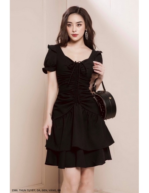Đầm Tay Ngắn Thắt Nơ Cổ Dún 2 Tầng - 2360