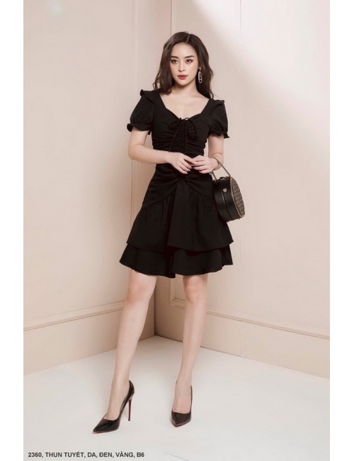 Đầm Tay Ngắn Thắt Nơ Cổ Dún 2 Tầng - 2360