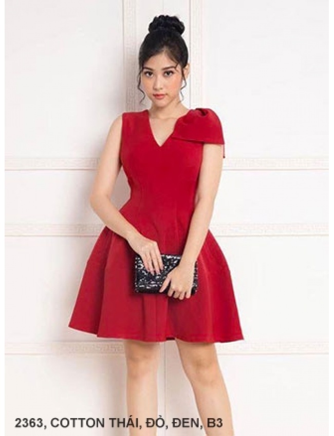 Đầm Xòe Cổ Tim Thắt Nơ Một Bên Vai - 2363