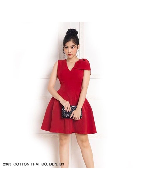 Đầm Xòe Cổ Tim Thắt Nơ Một Bên Vai - 2363