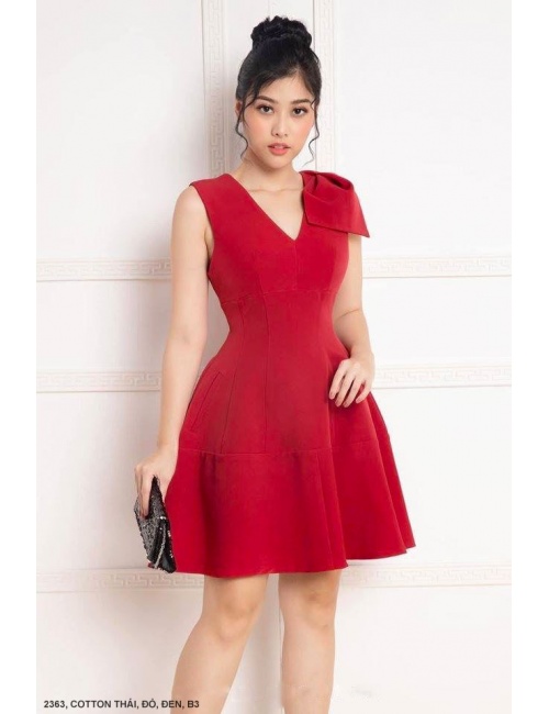 Đầm Xòe Cổ Tim Thắt Nơ Một Bên Vai - 2363