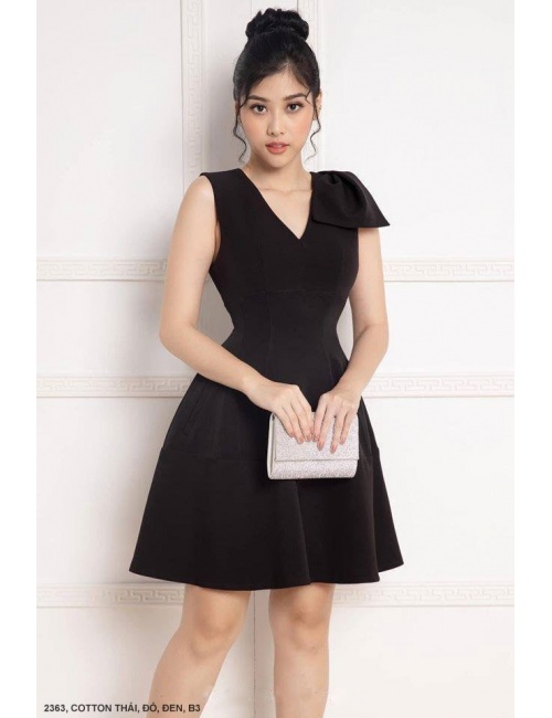 Đầm Xòe Cổ Tim Thắt Nơ Một Bên Vai - 2363