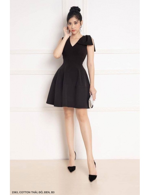 Đầm Xòe Cổ Tim Thắt Nơ Một Bên Vai - 2363