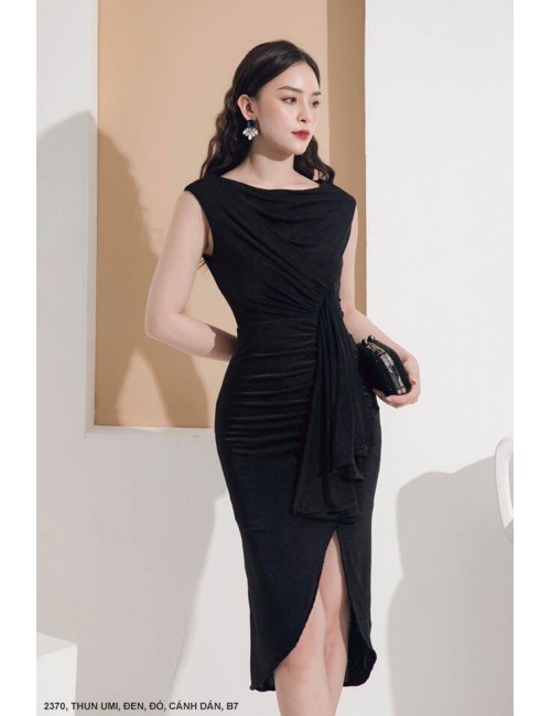 Đầm Ôm Cổ Thuyền Eo Thắt Nơ Lai Xẻ Búp Sen - 2370