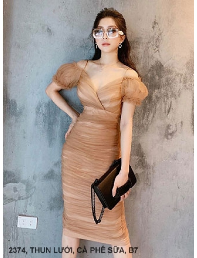 Đầm Lưới Tay Ngắn Cổ Tim Chéo - 2374