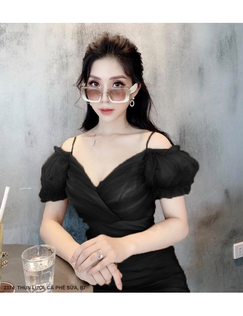 Đầm Lưới Tay Ngắn Cổ Tim Chéo - 2374