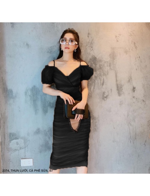 Đầm Lưới Tay Ngắn Cổ Tim Chéo - 2374