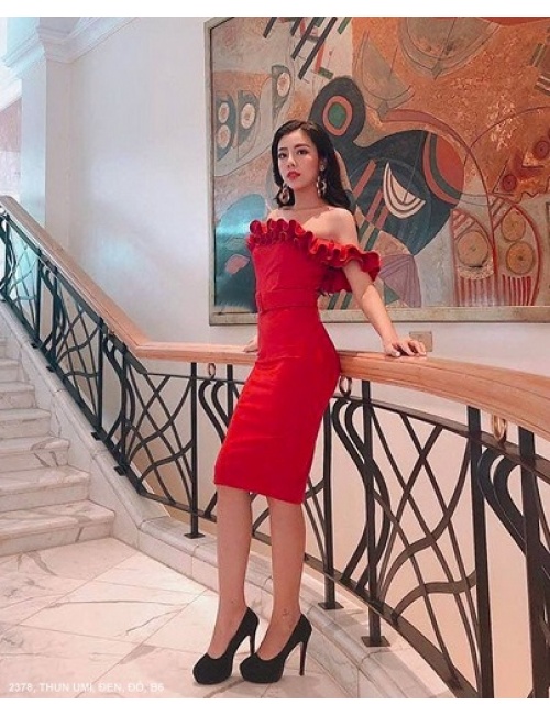 Đầm Ôm Rớt Vai Cổ Dún Bèo - 2378