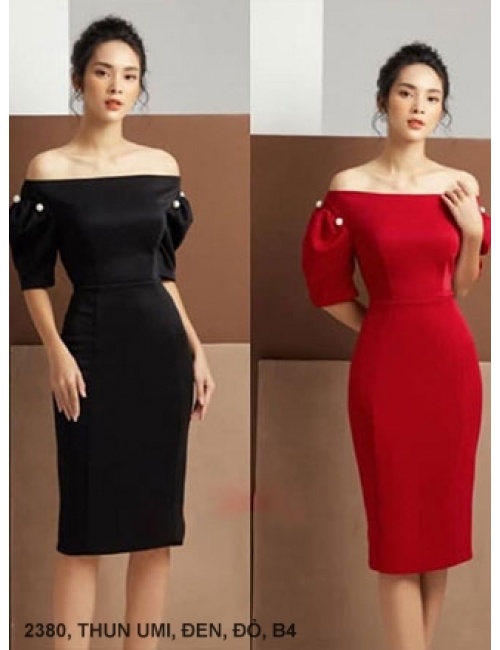 ĐẦM TAY NGẮN CỔ NGANG VAI EO THẮT - 2380