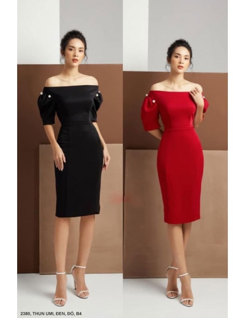 ĐẦM TAY NGẮN CỔ NGANG VAI EO THẮT - 2380