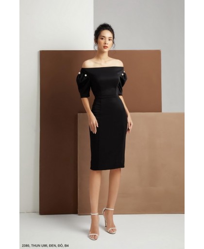 ĐẦM TAY NGẮN CỔ NGANG VAI EO THẮT - 2380