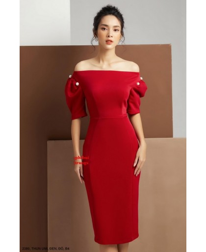 ĐẦM TAY NGẮN CỔ NGANG VAI EO THẮT - 2380