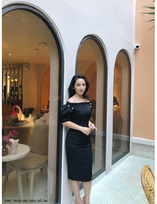 ĐẦM TAY NGẮN CỔ NGANG VAI EO THẮT - 2380