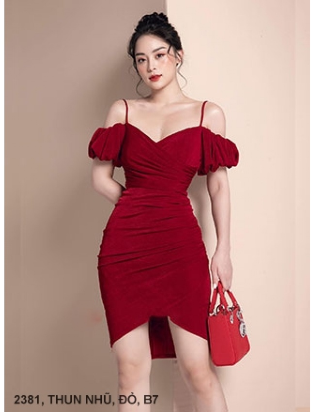 Đầm 2 Dây Rớt Vai Eo Dún - 2381
