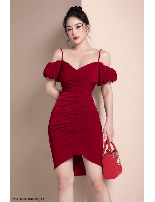 Đầm 2 Dây Rớt Vai Eo Dún - 2381