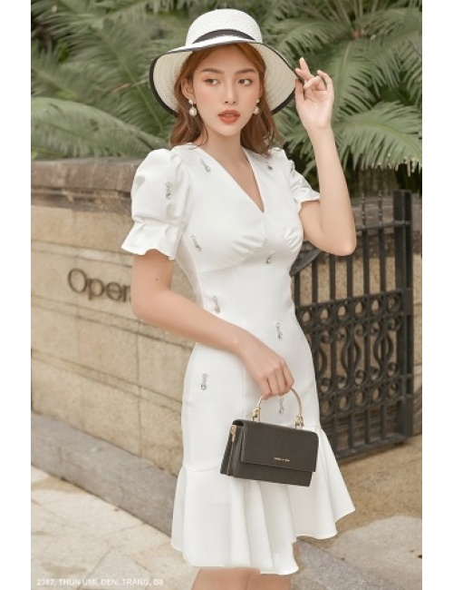 Đầm Cổ Tim Tay Ngắn Dún - 2382