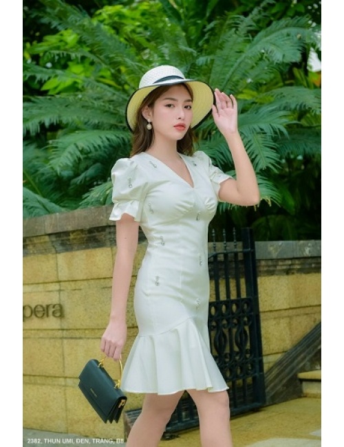 Đầm Cổ Tim Tay Ngắn Dún - 2382