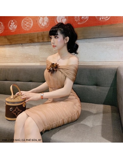 Đầm Ôm Cổ Ôm Vai Đính Hoa Hồng Trước Ngực - 2386