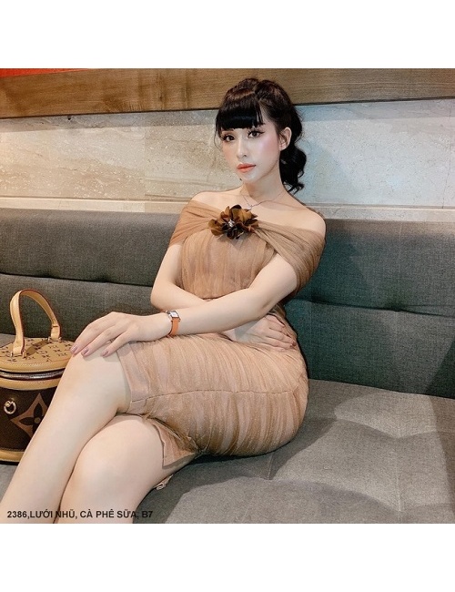 Đầm Ôm Cổ Ôm Vai Đính Hoa Hồng Trước Ngực - 2386