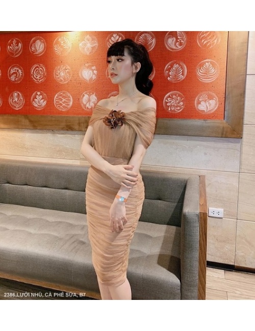 Đầm Ôm Cổ Ôm Vai Đính Hoa Hồng Trước Ngực - 2386