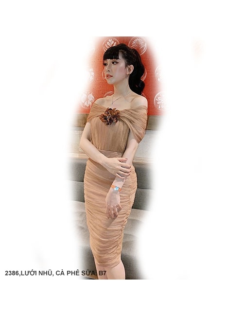 Đầm Ôm Cổ Ôm Vai Đính Hoa Hồng Trước Ngực - 2386