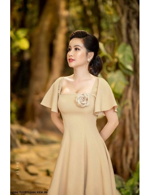 Đầm Xòe Cổ Vuông Tay Ngắn Đính Hoa Hồng Trước Ngực - 2394