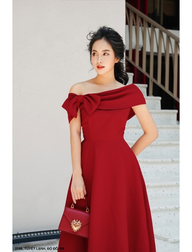 Đầm Xòe Cổ Đổ Ngang Thắt Nơ - 2398