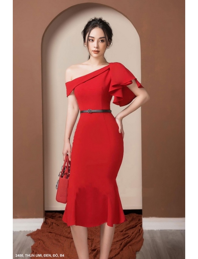 Đầm Ôm Cổ Xéo 1 Tay Ngắn - 2400