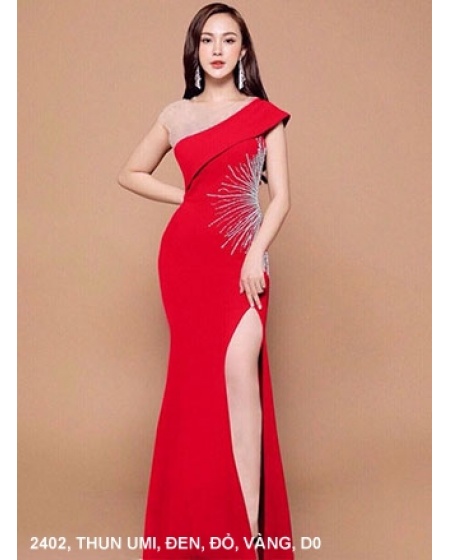 Đầm Dạ Hội Cổ Xéo Phối Lưới - 2402