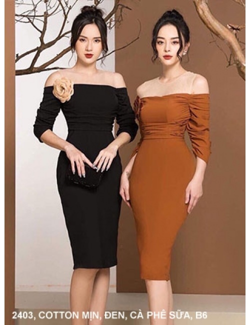 Đầm Ôm Cổ Ngang Phối Lưới - 2403