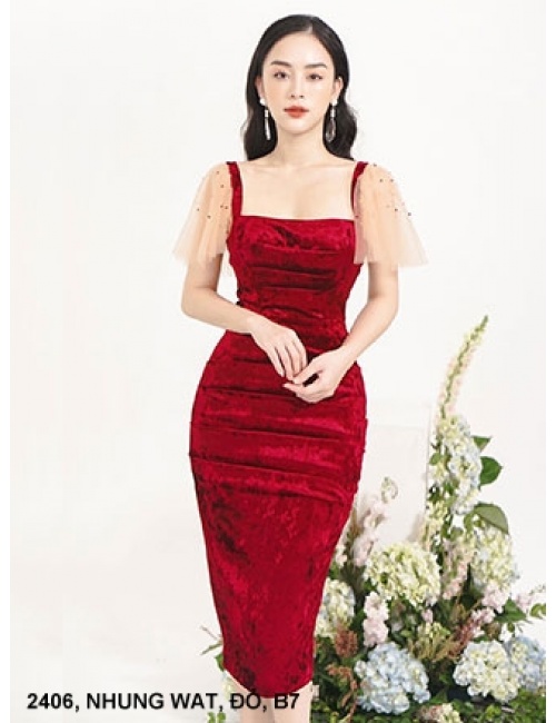 Đầm Nhung Tay Lưới Đính Ngọc Trai - 2406